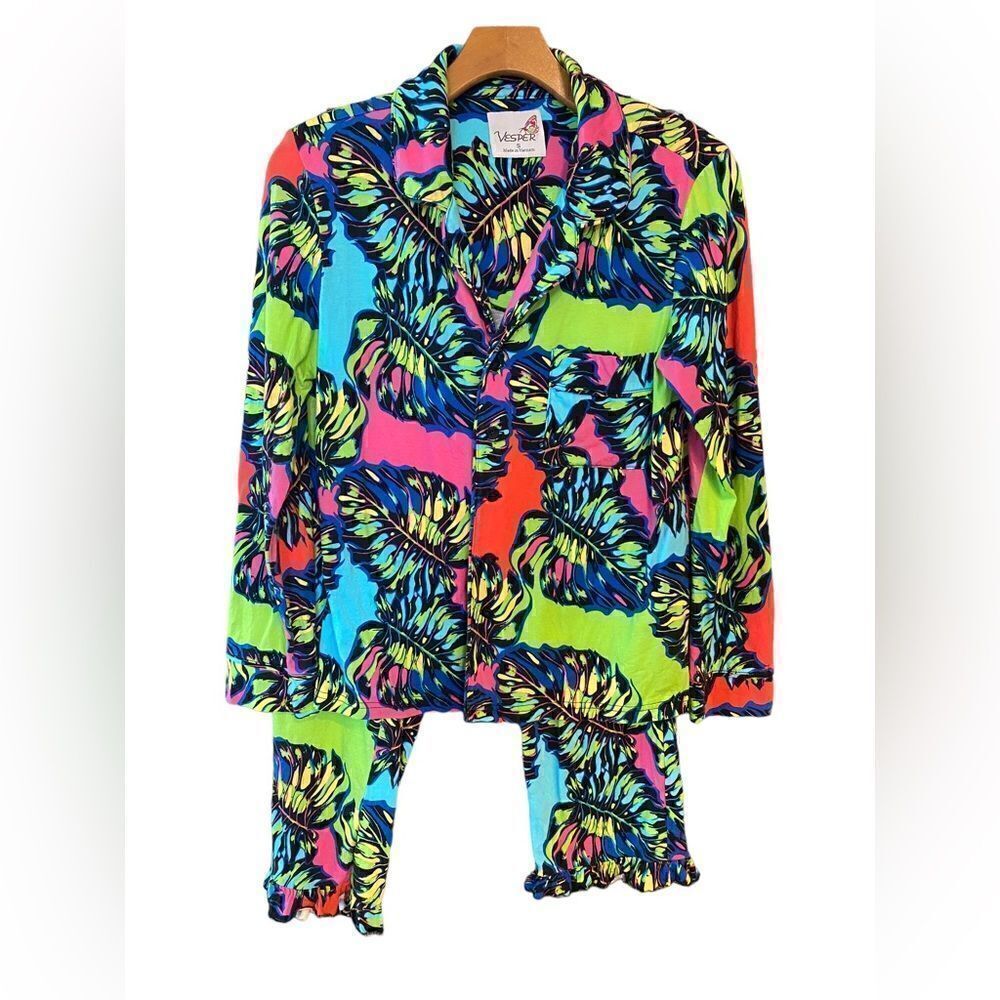 Vespa Sz S Lime Green Fuschia Pink Tropical Palm Leaves 2-Piece Loungewear PJ’s